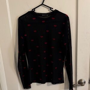 Stradivarius black sheer Long Sleeved Top with Red Lips Sz Large
